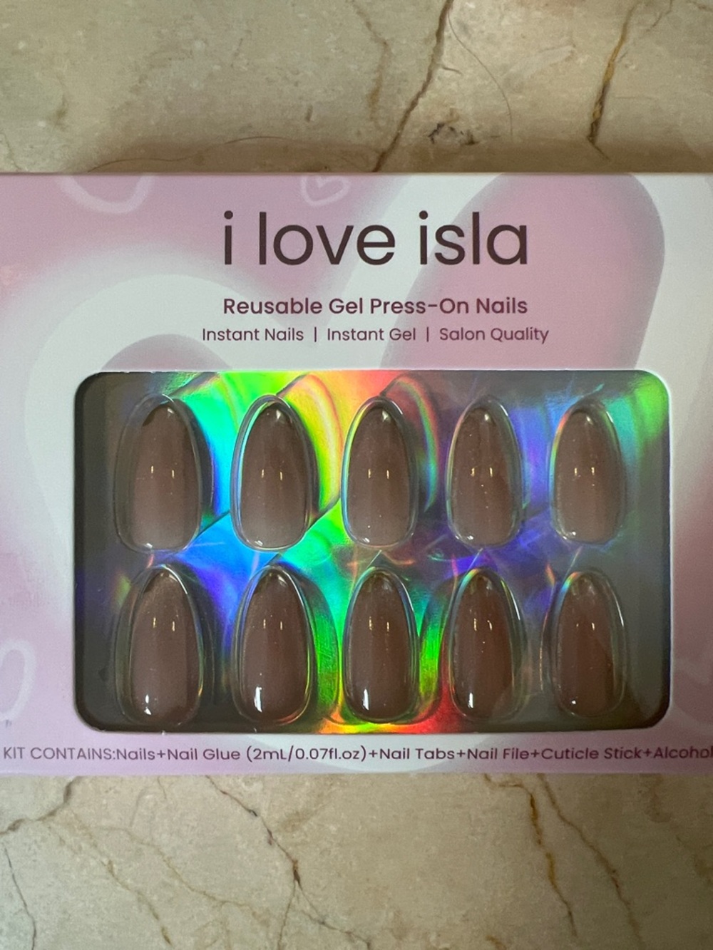 i love isla Reusable Gel Press-On Nails - Taupe Almond Cat Eye Gold Tip Set